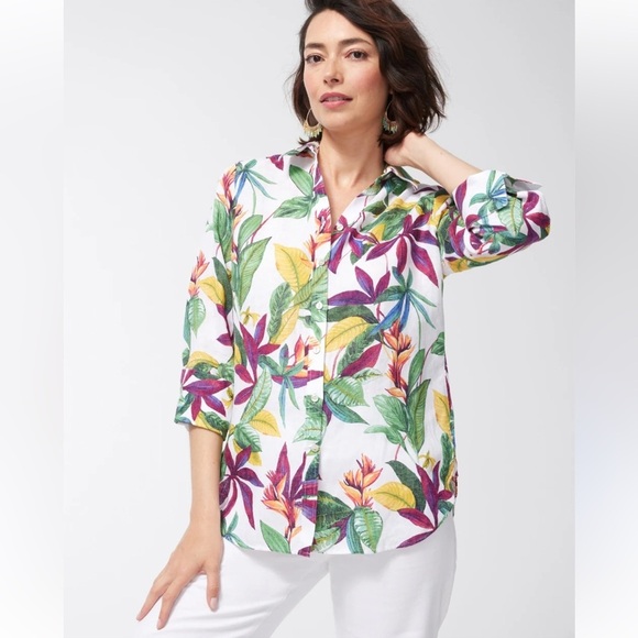 Chico’s No Iron Linen 3/4 Sleeve Floral Tropical Shirt Size 16 - Picture 2 of 15